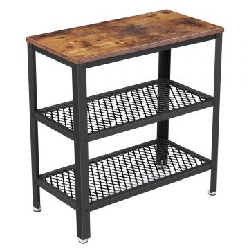 Masuta cafea laterala 3 nivele cadru otel pal industrial, 60x30x60 cm, depozitare, maro rustic