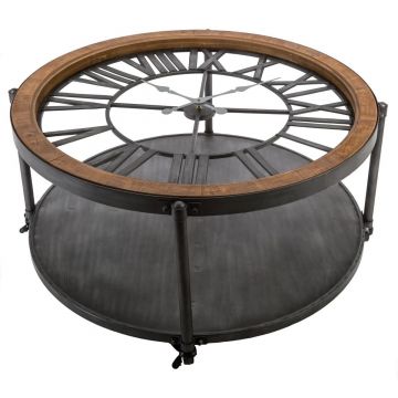 Masuta cafea rotunda atmosphera baris chrono sticla, 95x47 cm, design ceas vintage, negru