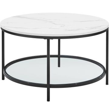 Masuta cafea rotunda blat imitatie marmura polita sticla, 80x45 cm, design elegant, alb negru