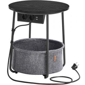 Masuta cafea rotunda cos stofa statie incarcare 2 prize usb, 45x50 cm, design modern, negru