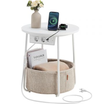 Masuta de cafea rotunda cu cos de stofa, statie de incarcare 2 prize si 2 USB, 45x50cm, alb