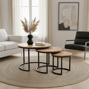 Masuta de cafea set 3 piese Frina, lemn masiv de mango, Naturala, 70x70x45 cm