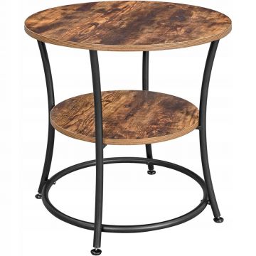 Masuta laterala rotunda, tip noptiera, cu 2 rafturi, cadru de otel, 55x55cm, maro rustic