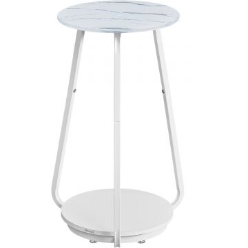 Masuta rotunda noptiera blat sticla raft inferior pal metalic, 30x30x55 cm, design elegant, alb