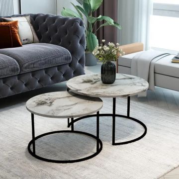 Mese de cafea cu aspect de marmură, Solme, metal negru, set 2 bucăți, 75x75x45 cm