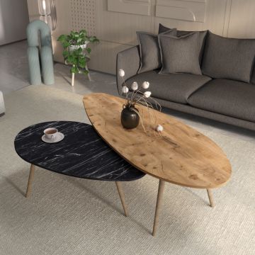 Mese de cafea Monty, set 2 piese, marmura în nuante de negru-Natural, versatile, 116x46x46 cm