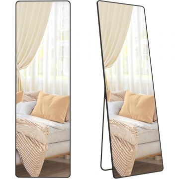 Oglinda podea sticla securizata cadru aluminiu subtirel, 160x50 cm, design minimalist, negru