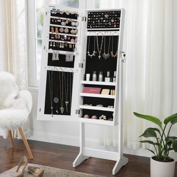 Oglinda podea suport mdf cu spatiu depozitare integrat, 41x37x152 cm, design modern, alb