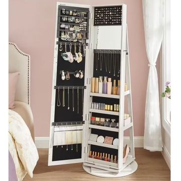 Oglinda podea suport rotativ 360 depozitare bijuterii mdf, 55x55x161 cm, design elegant, alb