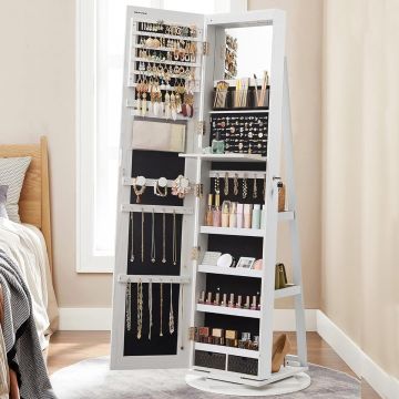Oglinda podea suport rotativ 360 depozitare bijuterii mdf, 55x55x162 cm, led, alb cenusiu