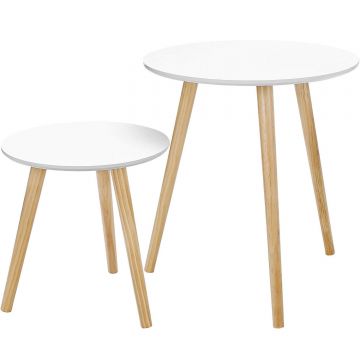 Set 2 masute cafea picioare lemn blat mdf scandinav, 45x50 cm si 35x35 cm, design minimalist, alb