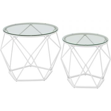 Set 2 masute rotunde blat sticla securizata cadru metalic, 40 si 50 cm, design elegant, alb