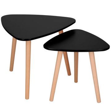 Set 2 mese cafea ovale blat mdf picioare lemn, 54x45 cm si 41x40 cm, design modern, negru