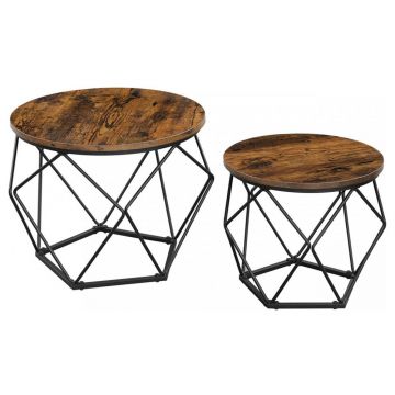 Set 2 mese cafea rotunde stil industrial pal otel, 50x40 cm si 40x36 cm, maro rustic negru