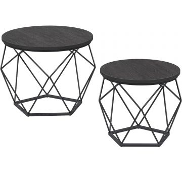 Set 2 mese cafea rotunde stil industrial pal otel, 50x40 cm si 40x36 cm, negru