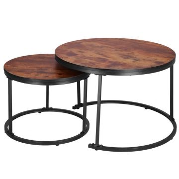 Set 2 mese cafea suprapozabile cadru otel pal industrial, 70x70x47 cm si 50x50x40 cm, maro
