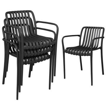 Set 4 Scaune de Grădină Outsunny Stivuibile din PP Rezistent la Razele UV, Scaune de Luat Masa pentru Exterior cu Spătar Ergonomic cu Lamele și Brațe, pentru Terasă, Balcon, Grădină, 55x58,5x81,5 cm, Negru | Aosom Romania