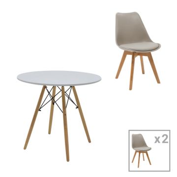 Set dining Julita-Gaston, 3 piese, Gri-Alb-Natural, 80x80x73 cm