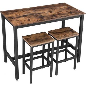 Set masa bar 2 scaune cadru otel blat lemn industrial, 120x60x90 cm, design rustic, maro rustic