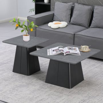 Set mese de cafea pătrate cu bază metalică, piatră sinterizată gri marmură, 2 piese, 80x80x40 cm