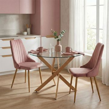 Set Mobilier Dining Azori cu Scaune Roz Prafuit și Masă Sticlă Antoro, Sticlă/Metal, 80x75 cm