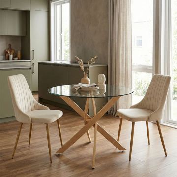 Set Mobilier Dining cu Scaune Azori Beige și Masă de Sticlă Antoro, Sticlă/Metal, 80x75 cm