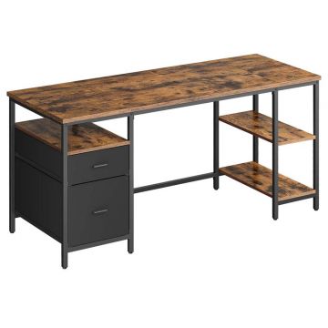 Birou 3 rafturi 2 sertare cadru metalic reversibil, 160x60x76 cm, stil industrial, maro