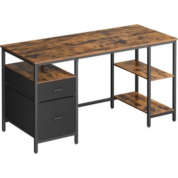 Birou calculator 3 rafturi 2 sertare metalic, 140x60x76 cm, stil industrial, maro rustic