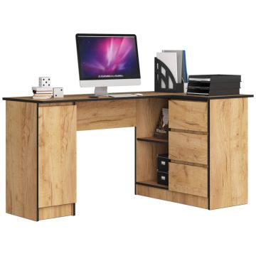 Birou colt dreapta in L cu 3 sertare si rafturi, PAL laminat 16 mm, 155x85x77 cm, stejar craft