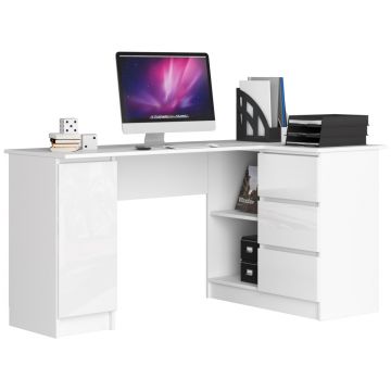 Birou colt dreapta pal 3 sertare rafturi, 155x85x77 cm, fronturi lucioase, alb lucios