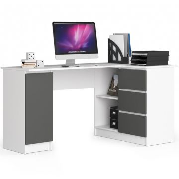 Birou colt dreapta pal 3 sertare si rafturi, 155x85x77 cm, design modern, alb si gri