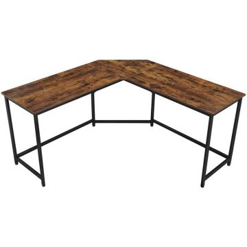 Birou colt forma l cadru otel stil industrial spatios, 149x149x75 cm, depozitare, maro rustic negru
