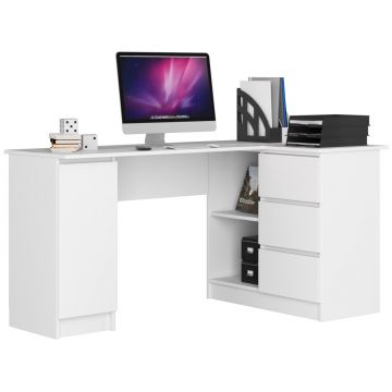 Birou colt pal 3 sertare si rafturi spatioase, 155x85x77 cm, blat generos lucru, alb