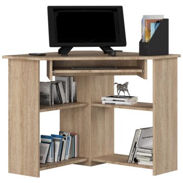 Birou colt pal rafturi si polita tastatura, 80x80x74 cm, design compact, stejar sonoma