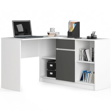 Birou colt pal sertar usa si 6 rafturi, 120x126x79 cm, organizare eficienta, alb si gri