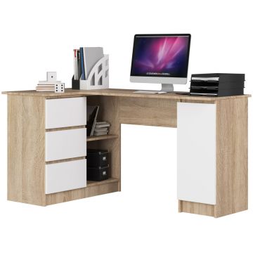 Birou colt stanga in L cu 3 sertare si rafturi, PAL laminat 16 mm, 155x85x77 cm, stejar sonoma si alb