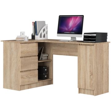 Birou colt stanga in L cu 3 sertare si rafturi, PAL laminat 16 mm, 155x85x77 cm, stejar sonoma