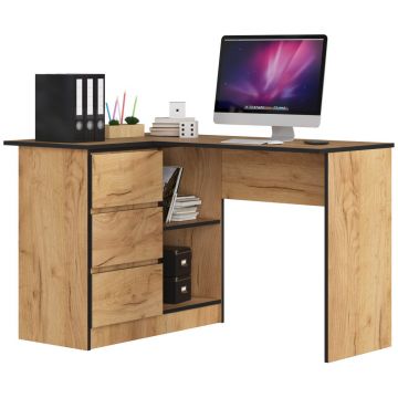 Birou colt stanga pal 3 sertare si rafturi, 124x85x77 cm, design natural, stejar craft