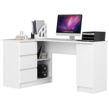 Birou colt stanga pal 3 sertare si rafturi, 155x85x77 cm, blat generos lucru, alb