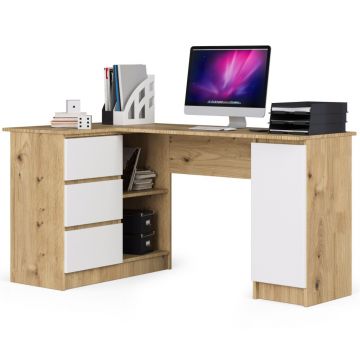 Birou colt stanga pal 3 sertare si rafturi, 155x85x77 cm, design modern, stejar artisan alb