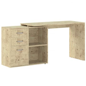 Birou Coltar pentru PC cu 3 Sertare si Rafturi Deschise, din Lemn si Metal, 117x83.5x76 cm, Nuc