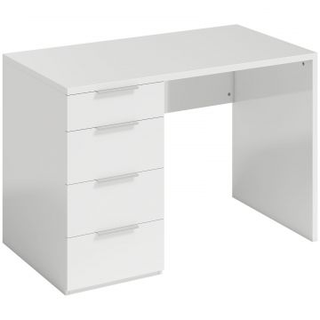 Birou Compact, 110x61.5x75 cm, Birou Modern cu 4 Sertare, Masa pentru Computer, pentru Acasa, Studiu, Camera sau Birou, Alb Lucios