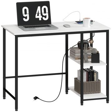 Birou Computer - Alb Negru cu Rafturi Reversibile  USB Integrat