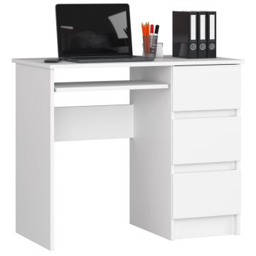 Birou computer cu 3 sertare si raft pentru tastatura, dreapta, 90x50x77 cm, alb