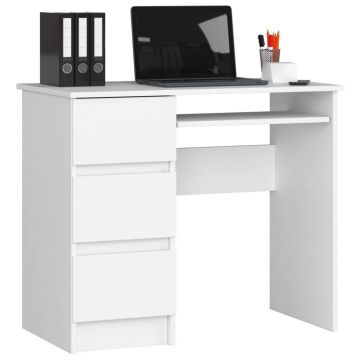 Birou computer pal 3 sertare cu raft tastatura, 90x50x77 cm, design compact, alb