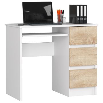 Birou computer pal 3 sertare raft tastatura, 90x50x77 cm, design modern, alb stejar sonoma