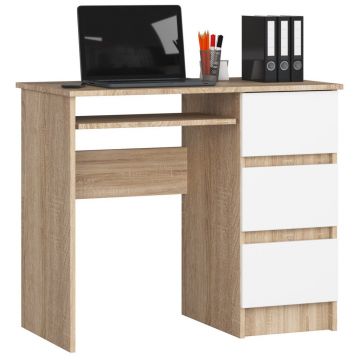 Birou computer pal 3 sertare raft tastatura dreapta, 90x50x77 cm, design modern, stejar sonoma alb