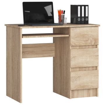 Birou computer pal 3 sertare raft tastatura dreapta, 90x50x77 cm, design natural, stejar sonoma