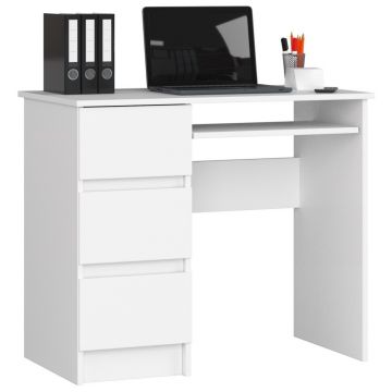 Birou computer pal 3 sertare raft tastatura stanga, 90x50x77 cm, design luminos, alb