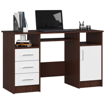 Birou computer pal 3 sertare si dulap, 124x52x74 cm, polita tastatura, maro wenge si alb